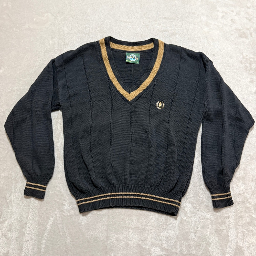Vintage Jantzen Sweater Mens M Black Gold Striped Trim V-Neck 90s Preppy Y2K